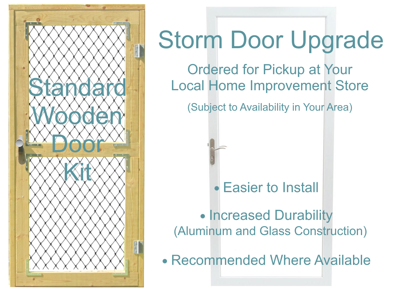Photo comparing the standard wooden door kit to the storm door upgrade. The storm door is easier to install, has increased durability, and is recommended where available.